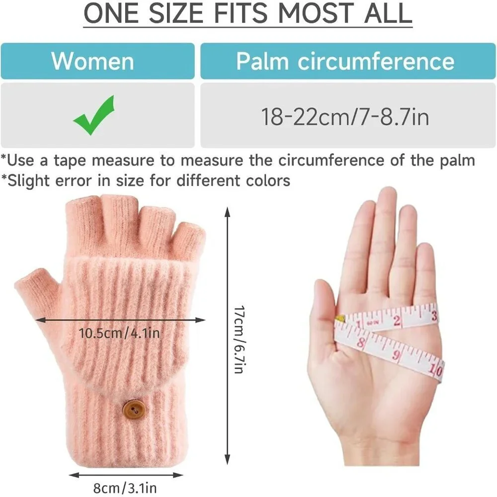 Women's Winter Warm Mittens Knitted Pink Gloves Fingerless Button Closure